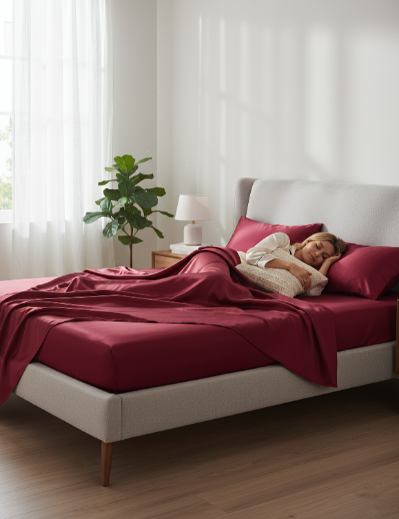 Anycozy Fitted Sheet Queen Size Winered Luxury Silky Beddings Set with Pillow Cases