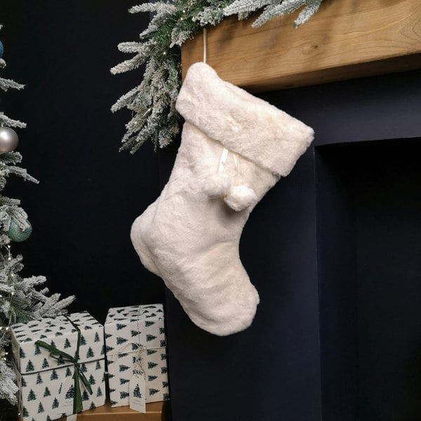 Samuel Alexander 50cm Winter White Faux Fur Hanging Christmas Stocking with Pom Poms