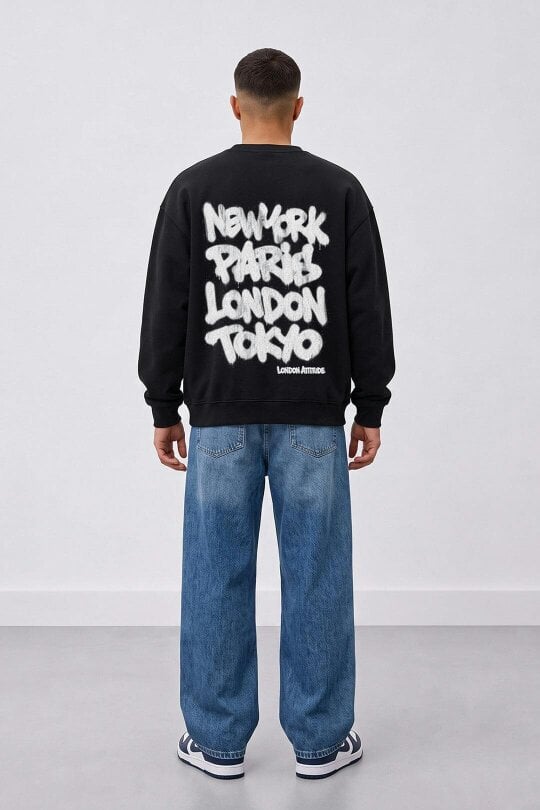 London Attitude Oversized Heavyweight City Graffiti Sweatshirt in Black