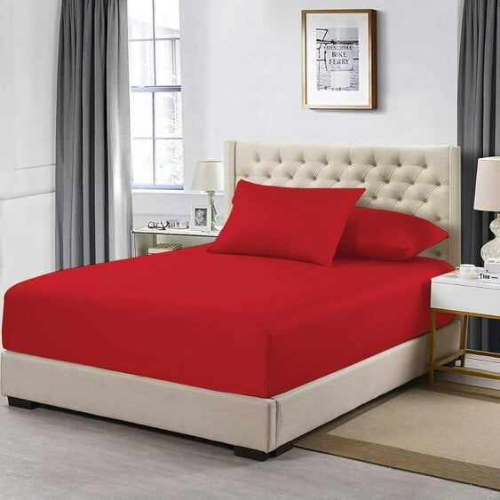 Night Zone 200 Thread Count Egyptian Cotton Fitted Sheet 30cm Deep – Soft Breathable Bed Sheet - Red