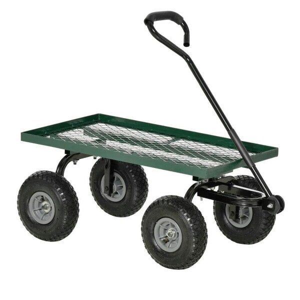 Bobobiy Garden Trolley Cart, Heavy Duty Garden Cart with Metal Frame, 10" Pneumatic Wheels, Rotating Handle, 150kg Capacity, for Garden, Farm, Green