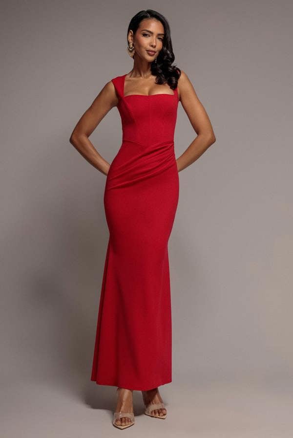 Sleeveless Waist Pleated Scuba Crepe Maxi Dress - Red DR5291