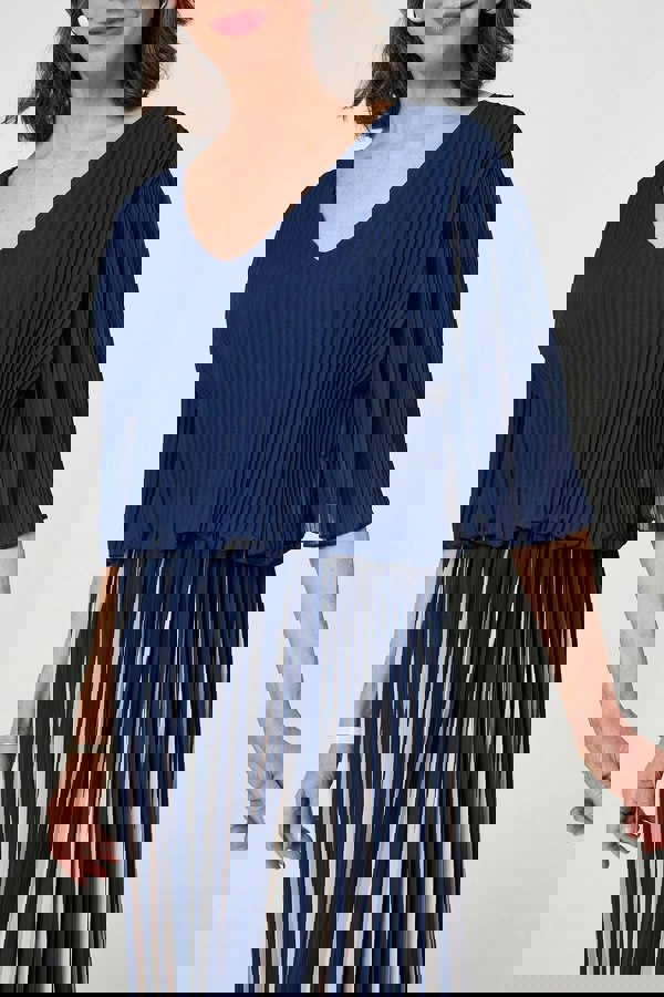 Navy | Striped Pleat 1/2 Sleeve Midi Dress
