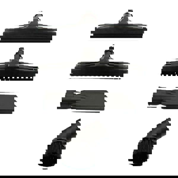 Black vacuum attachments for an 80L wet and dry vacuum, including a wide floor nozzle, crevice tool, and brush head