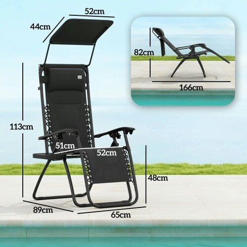 Bobobiy Zero Gravity Lounger Chair Set of 2, Folding Reclining Patio Chair with Shade Cover, Soft Cushion and Headrest for Poolside, Black