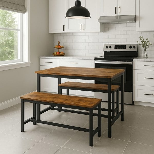 Modcraft Set of 2 Industrial Dining Benches Rustic Brown Wood and Black Steel Frame Seating 108cm