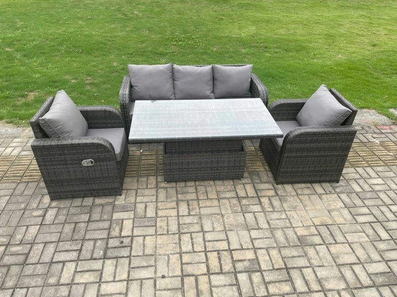 Fimous Rattan Outdoor Garden Furniture Sets Height Adjustable Rising lifting Dining Table Lounge Sofa Set With Reclining Chair Dark Grey Mixed