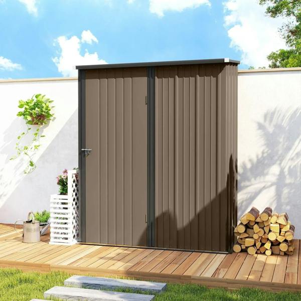 Brown corrugated steel garden shed with single door and vertical panel siding
