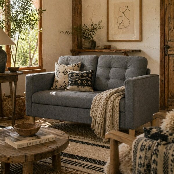 Wyld Haus Labasu Fabric Grey 2 Seater Sofa With Hidden Storage Tufted Seat And Wooden Legs