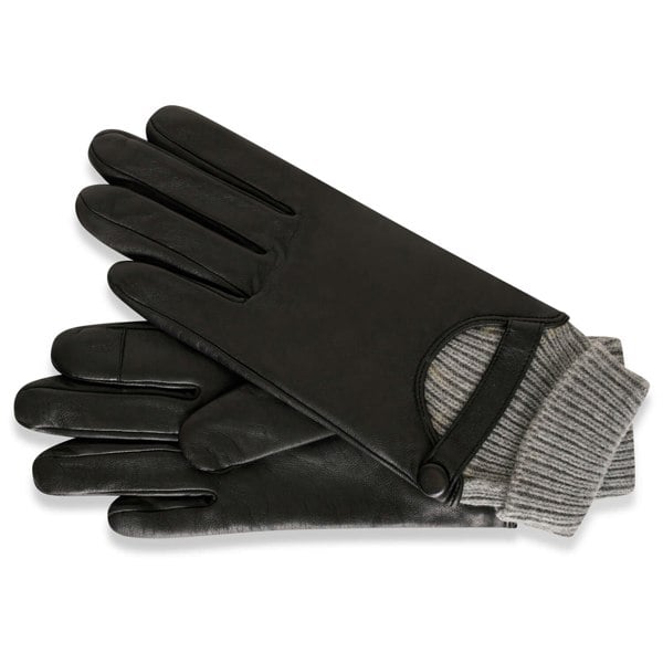 This image shows a pair of leather gloves by the brand Barneys Originals. The gloves are black in colour and have a grey knitted cuff. The gloves are made from real leather.