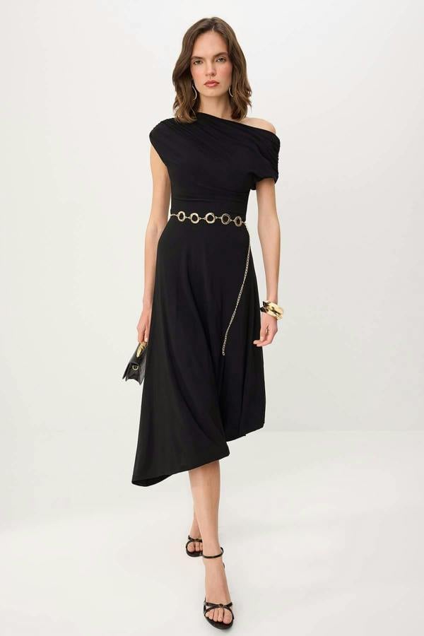 WOVCOR Off Shoulder Ruched Sleeve Chain Belt Midi Party Dress