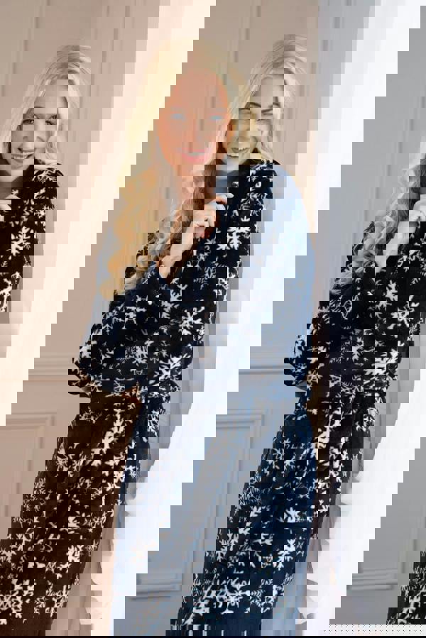 Camille Women's Blue Snowflake Supersoft Fleece Hooded Calf Length Bathrobe