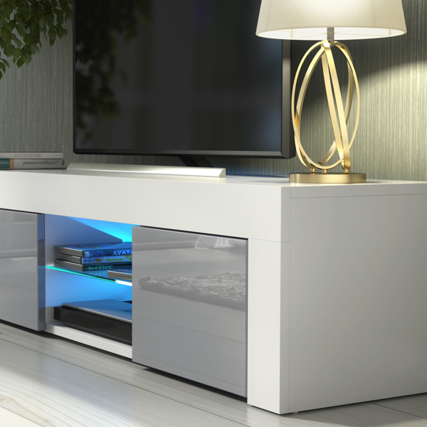 Mex Furniture Striking 130cm TV Unit Cabinet with Grey High Gloss Doors LED Lights