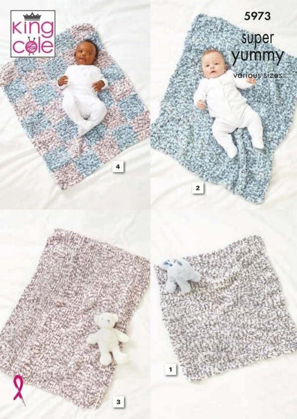 King Cole Super Yummy Knitting Pattern 5973, Blankets for Baby, One Size