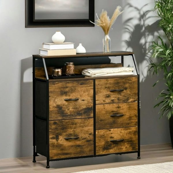 Rafaelo Mobilia Industrial Rustic Brown Chest With 5 Fabric Drawers