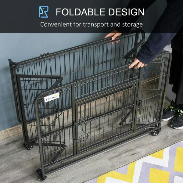 Dark grey metal dog kennel foldable for transport, with latch and caster wheels