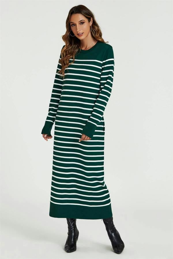 FS Collection Stripe Pattern Knitted Tunic Jumper Dress In Dark Green