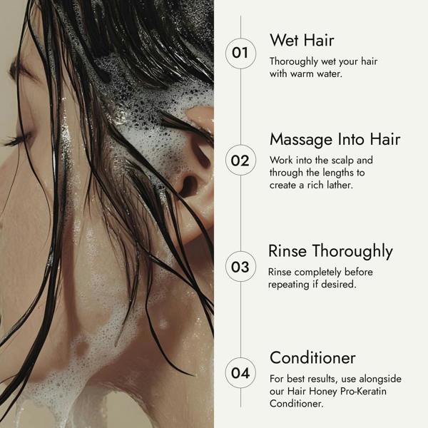 Rosemary hair oil, hair honey, pro-keratin growth, shampoo, hydrating, nourishing, honey, argan oil, sweet almond oil, vitamin E, frizz, dryness, breakage, natural, protect, healthy hair, growth, hair growth, SLS-free, 200ml, how to use