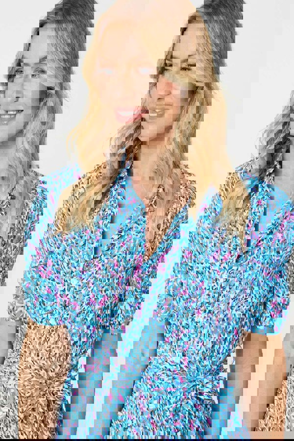 Blue | Printed Tie Waist Short Shirt Dress