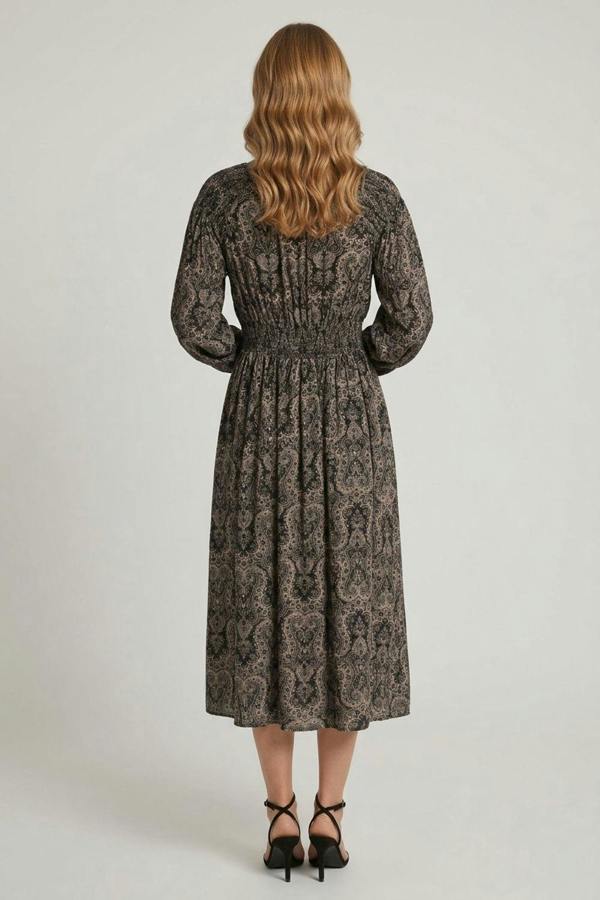 Black | Abstract Shirred Long Sleeve Midi Dress