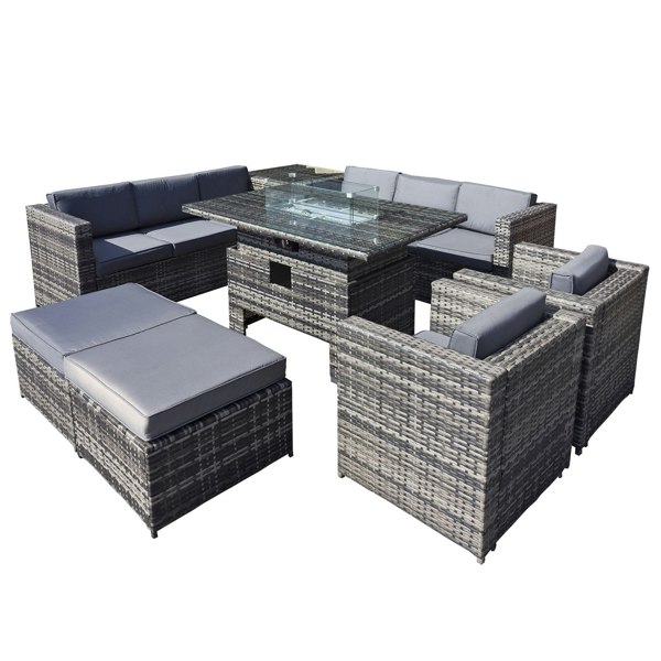 Oseasons Malta Rattan 10 Seat Rising Firepit U-Shape Set in Grey Walnut with 2 Footstools