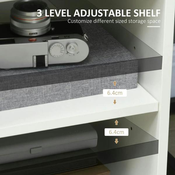White printer stand with adjustable multi-level shelving inside cabinet