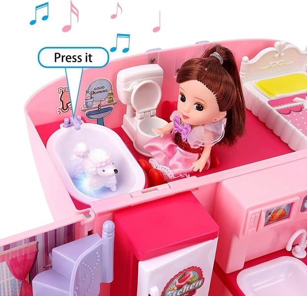 deAO Toys Childrens 2-In-1 Pink Portable Doll House Play Set