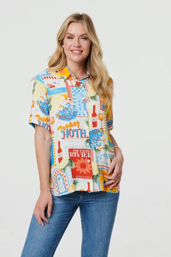 Orange | Printed Short Sleeve Curve Hem Shirt
