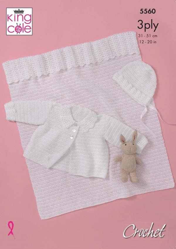 King Cole Big Value Baby 3 Ply Crochet Pattern 5560, Jackets, Headwear, Blankets for Baby, 12 - 20 Inches