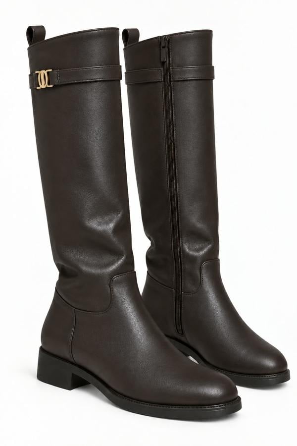 Love Lemonade Elodie Luxe Buckle Trim Leather Look Zip Up Knee High Boots Coffee Brown