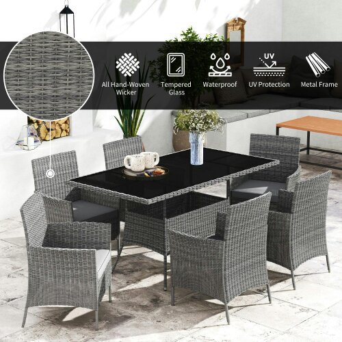 Wyld Haus Lona Rattan Charcoal Grey 6 Seater Outdoor Dining Set With Cushioned Armchairs And Rectangular Glass Table