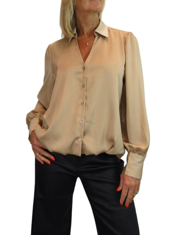 Paulo Due Women's Satin Blouse Ladies Long Sleeve Button Through Shirt - Champagne Gold