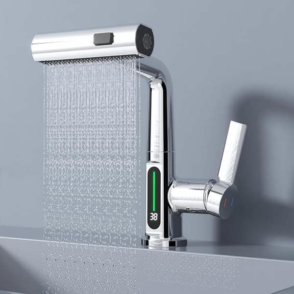 ENER-J Modern Single Hole Basin Faucet with Waterfall, Pull Out Sprayer and LED Temperature Display, Chrome Silver