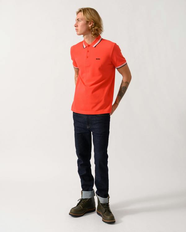 BOSS Green Paddy Mens Cotton-Piqué Polo Shirt with Contrast Logo - Bright Red 620