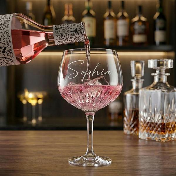 A custom engraved crystal gin goblet from Abode Home & Gifts with the name 'Sophia' in white script, filled with pink gin on a wooden bar counter.