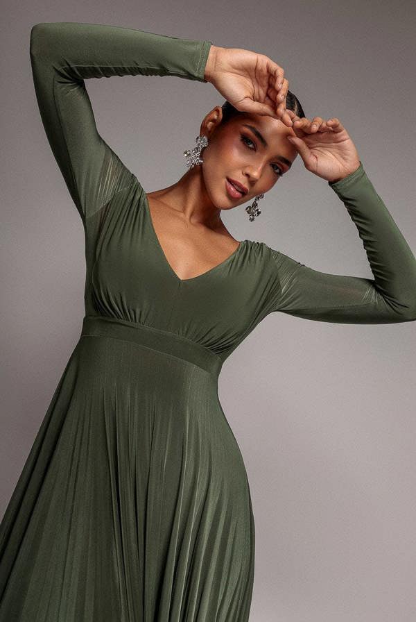 Plunge Neck Long Sleeve A-line Maxi Dress - Olive Green DR2608