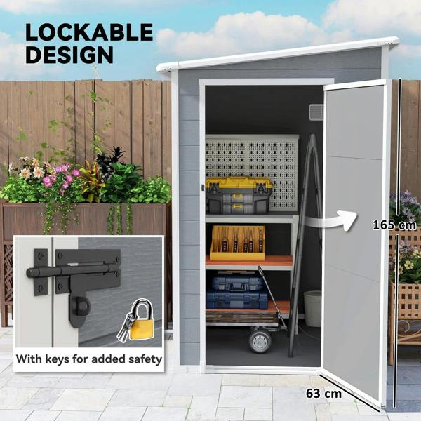 Grey lockable storage shed with open door and built-in key lock hardware