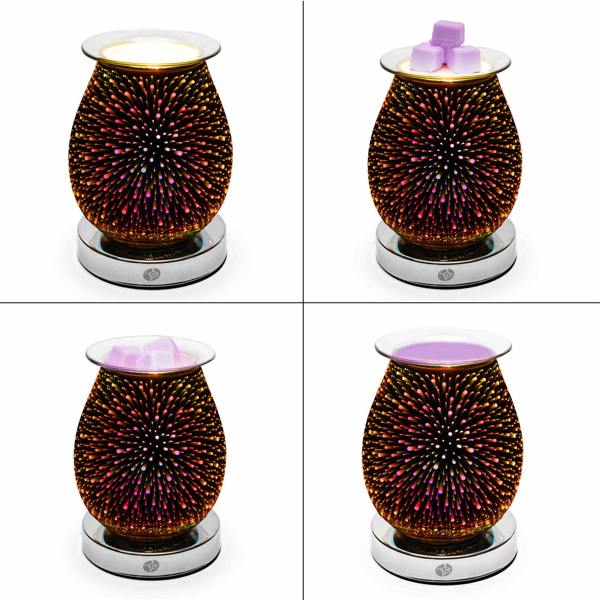 A four-panel image features the Rio Alura Wax Melt Burner & Aroma Diffuser Lamp, displaying its starburst light as it melts wax cubes from solid to liquid, creating a warm and inviting ambiance.