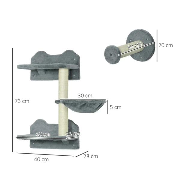 Grey wall-mounted cat tree with stacked platforms and hanging hammock, with size diagram