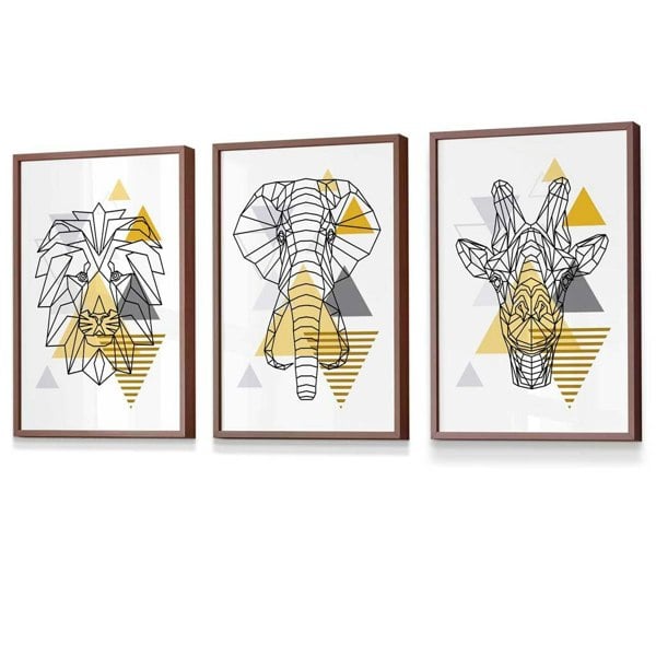 Artze Wall Art Yellow Geometric Giraffe Lion Elephant Set of 3 Framed Wall Art