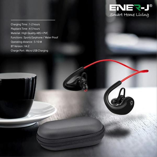 ENER-J Wireless Bluetooth Sports Earbuds, CVC 6.0 Noise Reduction, Built-In Mic, 4 Hour Playtime, IPX4 Waterproof, Power Display