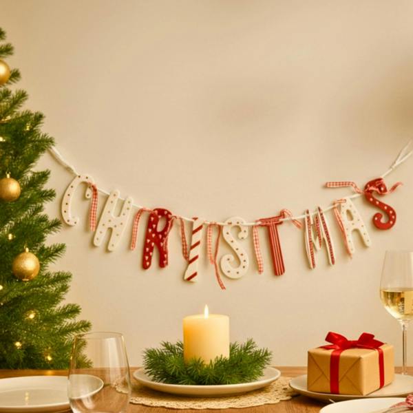 7cm Red & Cream Wooden Christmas Garland with Festive Patterned Letter Banner image 9