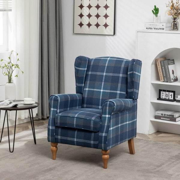 Furniture One Wingback Tartan Armchair, Retro Accent Chair Soft Padded Fabric Lounge Padded Sofa Chair with  Solid Wood Frame