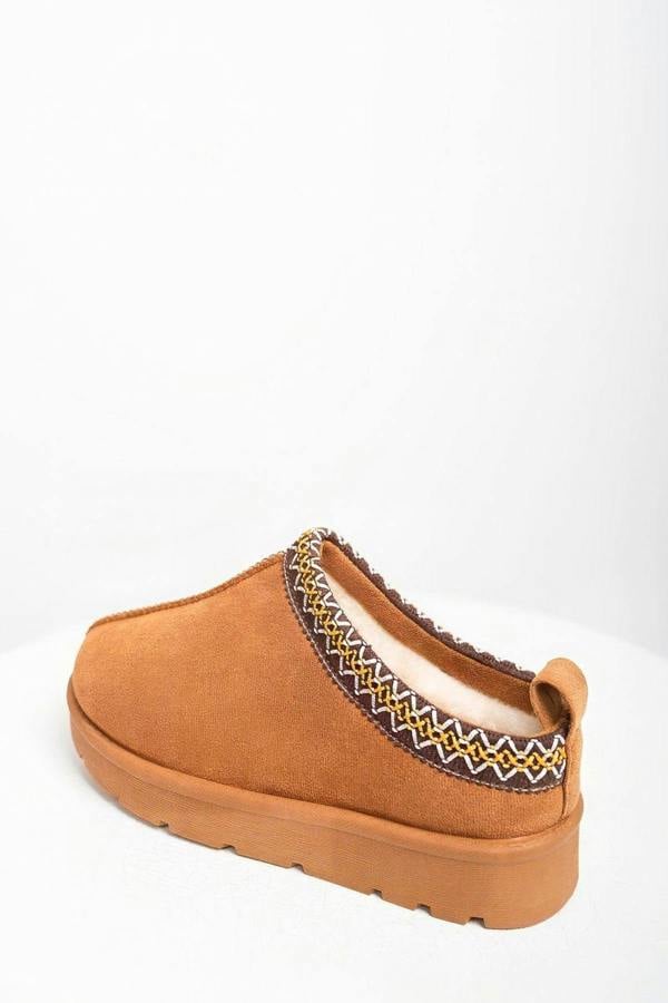 Ravina Chunky Slip On Suede Slippers With Stitch Detail - Chestnut