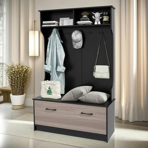 Rafaelo Mobilia 160CM Tall Hall Tree Coat Stand With Shoe Rack And Storage Shelves Black