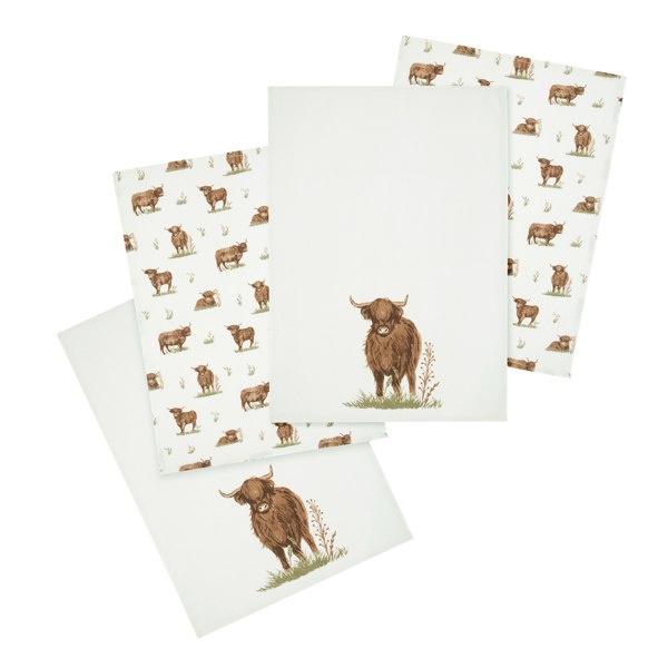 Catherine Lansfield Angus Highland Cow Cotton Kitchen Tea Towel Pack of 4 Natural