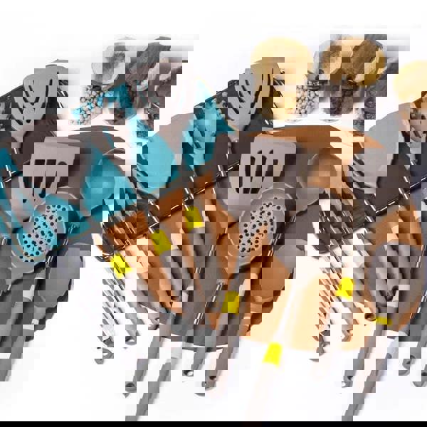 Anygleam 7-piece grey heat-resistant cooking utensil set, includes rice spatula and storage holder—perfect for nonstick cookware.