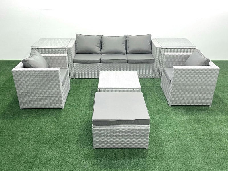 Fimous 6 Seater Rattan Garden Furniture Set with 3 Seater Sofa 2 Chair Square Coffee Table Big Footstool 2 Side Tables Light Grey Mixed