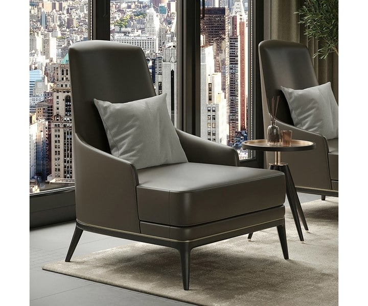 Comfortable Redd armchair with curvy silhouette, black oak wood frame, and brushed brass accents for high-end design.