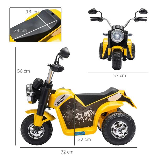 Yellow 3-wheel kids electric motorbike side and front views with LED headlight